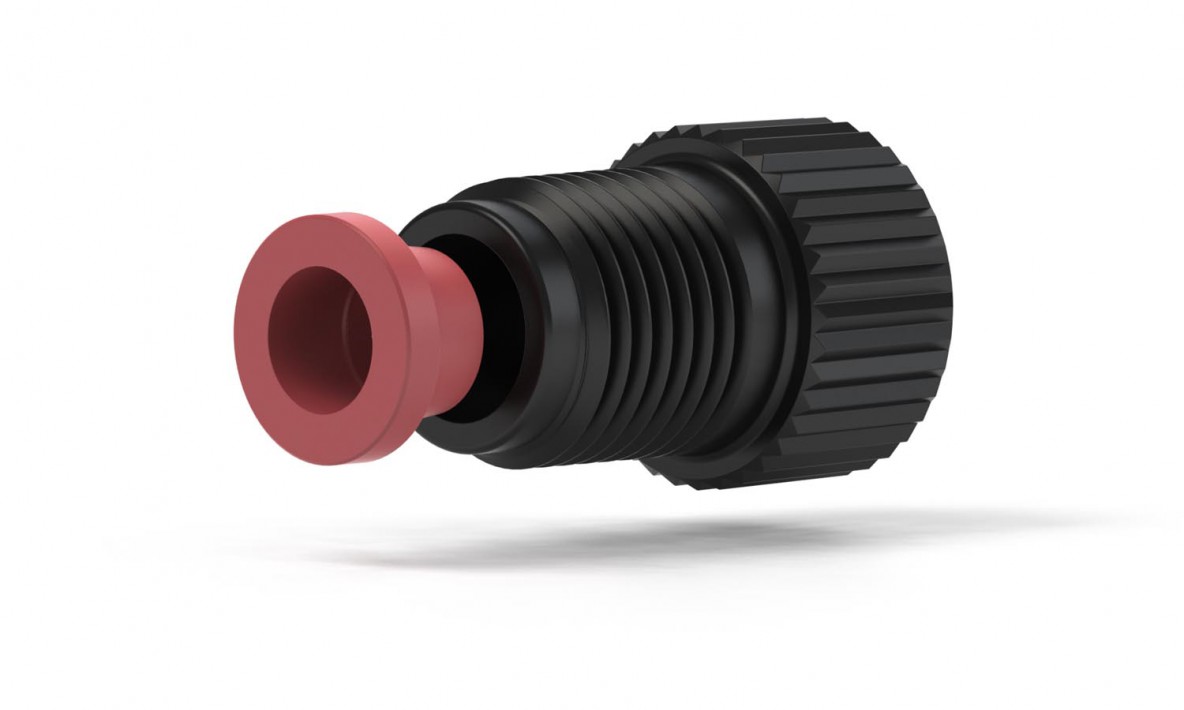 Flangeless Fitting, PEEK, Black, 1/220 FlatBottom, for 5/16" OD Biotech